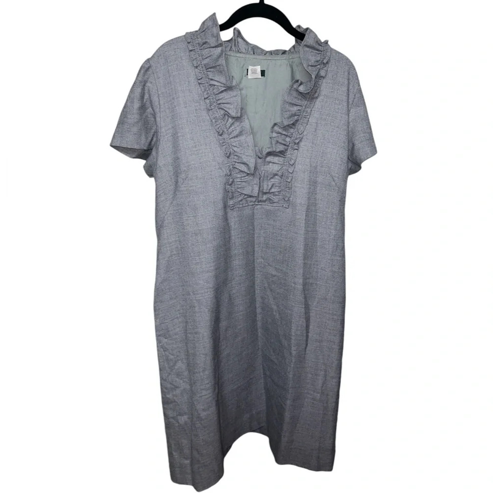 J. Crew Ruffle Wool Grey Short Sleeve Midi Dress Business Causal Holiday Church